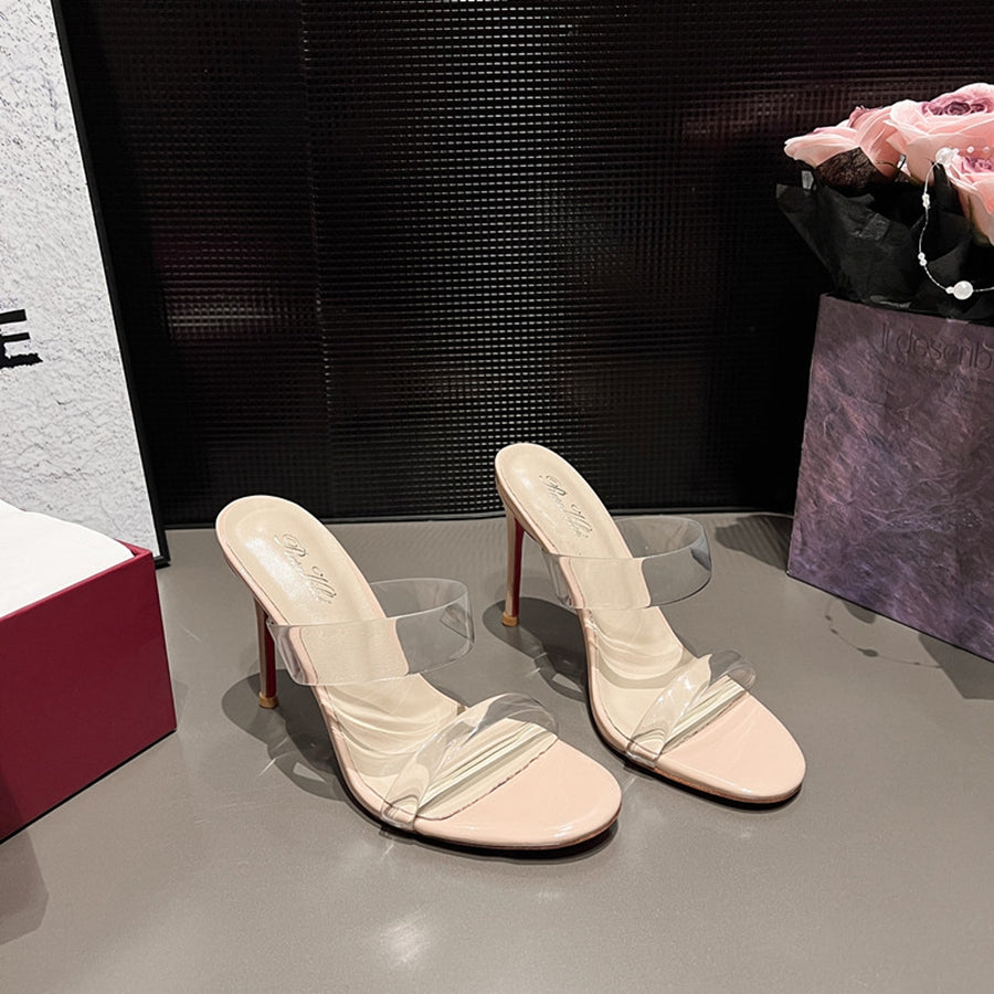 Women Clear Double Transparent Strap White Open Toe Stiletto Mule High Heel Sandals